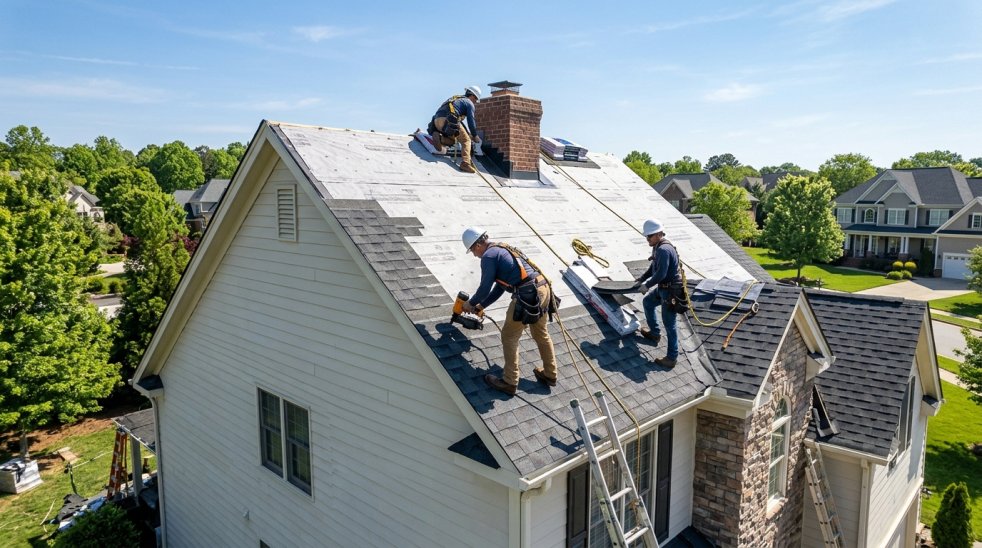 Roofers installing asphalt shingles on a suburban house roof with ladders and safety gear on a sunny day