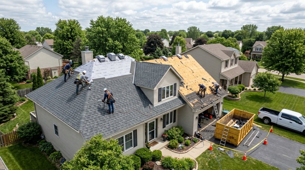 Roofers replacing shingles on a suburban home's roof with ladders, dumpster, and truck in the driveway