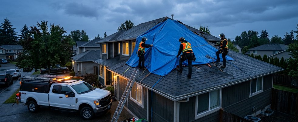 Roofers securing a blue tarp over a storm-damaged house roof at dusk with a service truck in the driveway