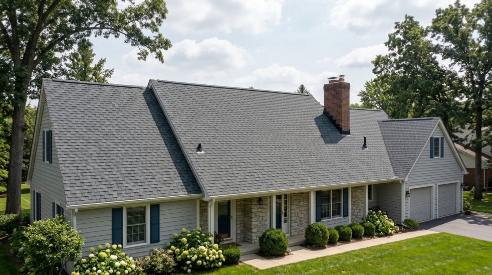 Gray shingle roof on a suburban house with attached garage, chimney, and landscaped front yard