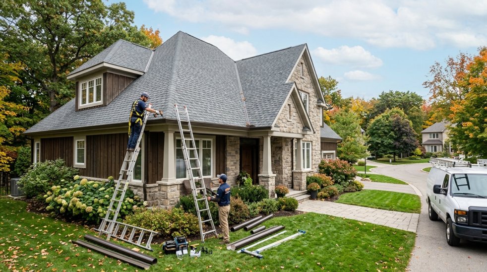 Gutter installers working on ladders at a suburban home with tools, downspouts, and service van in driveway